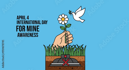 Hand holding flower emerging from mine with dove flying overhead on International Day for Mine Awareness
