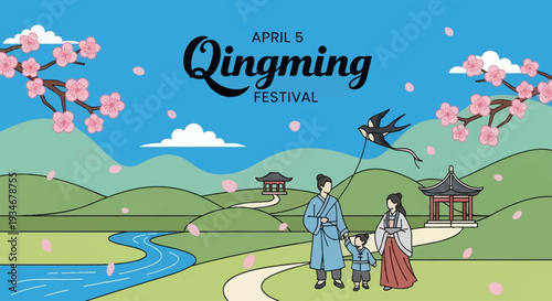 Family celebrating Qingming Festival in traditional Chinese attire outdoors