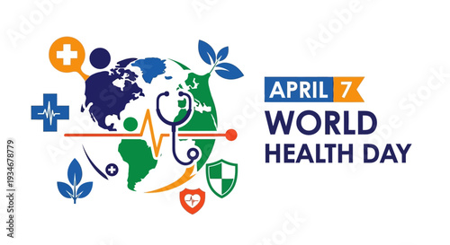 World Health Day graphic with globe and medical symbols