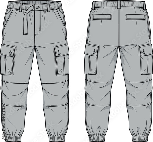 Flat vector illustration of men’s cargo jogger pants front and back view, fashion technical sketch with drawstring waistband, flap pockets, elastic cuffs