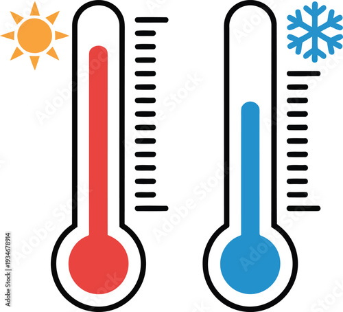 Visual representation of temperature extremes with sunny and snowy weather icons. Vector