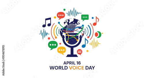 Vibrant World Voice Day graphic with microphone and globe