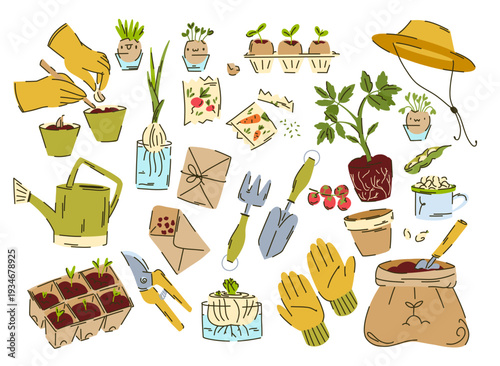 Large Hand-Drawn Gardening Tools and Plant Cultivation Elements in Doodle Style