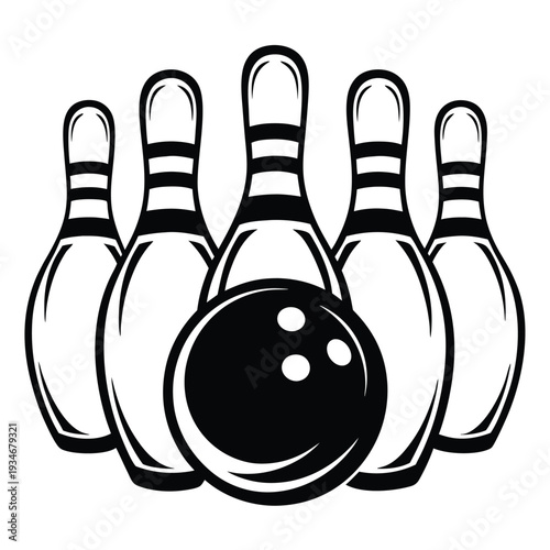 A monochrome bowling ball is positioned in front of five bowling pins for bowling sports
