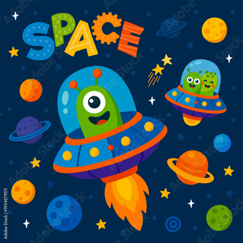 Aliens in space. Cartoon vector illustration.