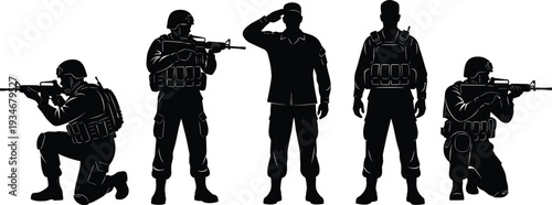 Soldier silhouettes set, military men standing and kneeling with rifles, army officers saluting, tactical combat troops collection, isolated black figures.