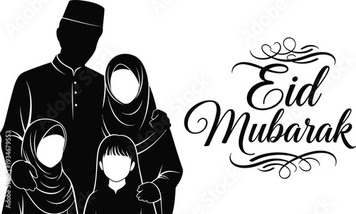 Black silhouette of a traditional Muslim family holding hands together next to elegant Eid Mubarak calligraphy text on a clean white background.