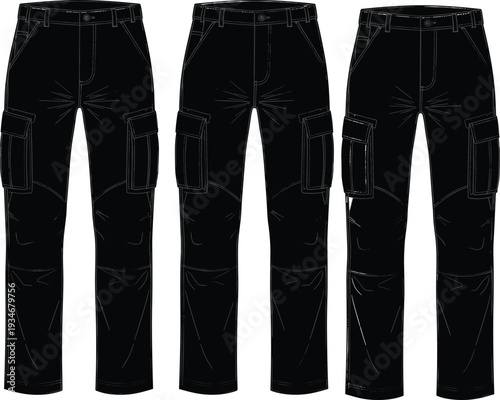 Technical Illustration of Men's Black Cargo Tactical Pants Featuring Multi-Pocket Design, Reinforced Knees, and Functional Outdoor Military Apparel Vector Flat Sketch