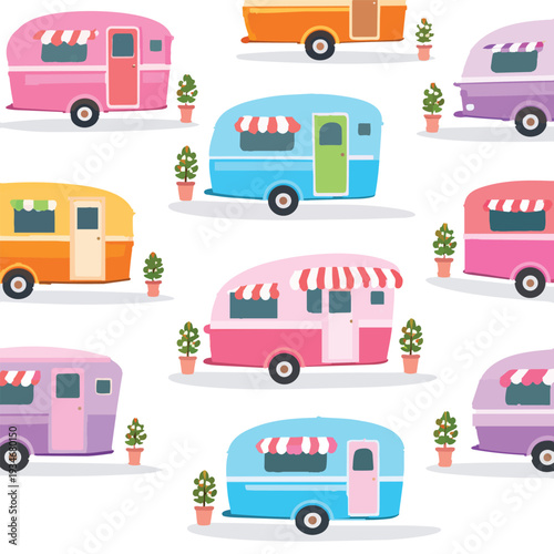 Caravan Camper Adventure Camping Trailer Transport Vehicle Trailers Campers Caravans Trip Recreational Holiday Vacation Cute Fun Vector Print