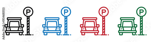 Four parking signs with cars isolated on white background vector illustration set