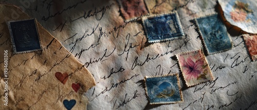 Vintage handwritten love letter with calligraphy and heart motifs on handmade textured paper, nostalgic romantic concept