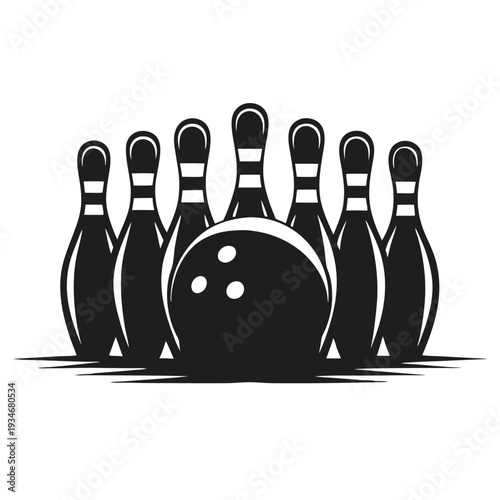 Monochrome bowling ball strikes, scattering pins across lane, showing game in solid form
