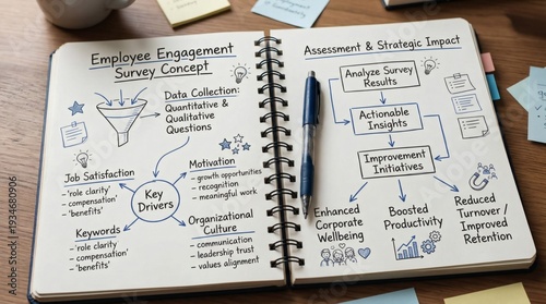 Employee engagement survey handwritten notebook concept for measuring workforce satisfaction motivation and organizational culture assessment to improve retention productivity and corporate wellbeing