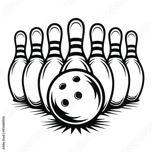 A monochrome bowling ball crashes into classic bowling pins in a striking composition