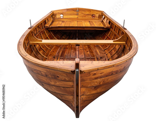 Wooden boat with two benches and a centerboard isolated on a transparent background