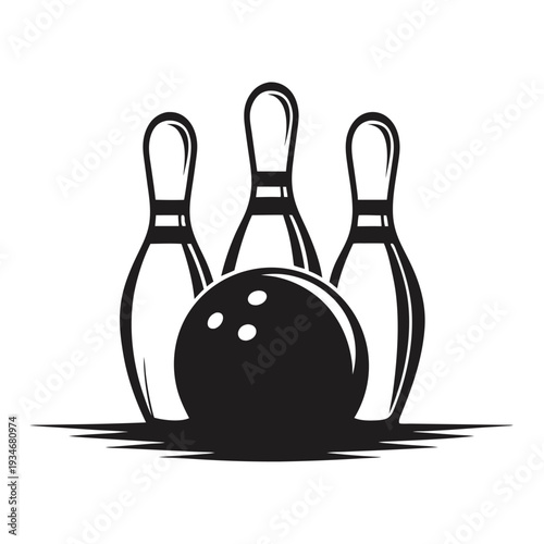 Black bowling ball leans near three pins in bold silhouette