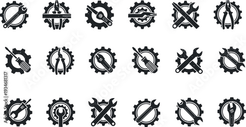 Collection of 16 unique gear icons with crossed diagonal lines