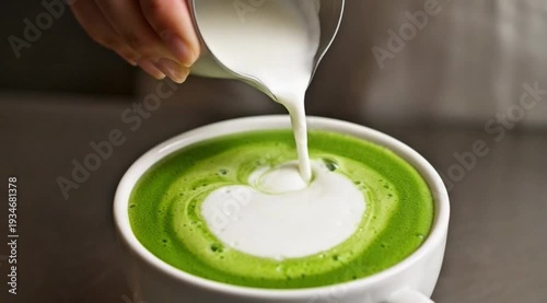 Slow motion of milk being poured into matcha to form a beautiful swirl, the woman's hands look elegant, macro shot detailing the foam texture and soft green color