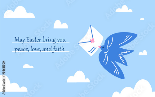 A card with a bright Easter bird flying across the sky with an envelope in its beak and a wish