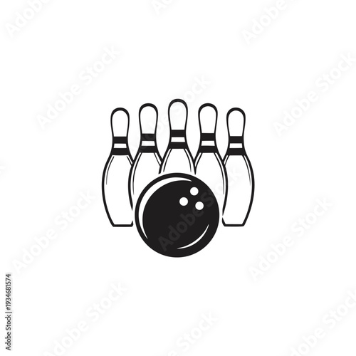 presents bowling pins arranged behind a bowling ball in black and white