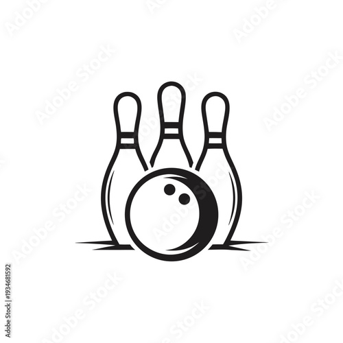 A monochrome bowling ball stands before seven pins in a striking composition