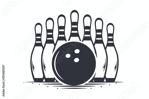 Isolated monochrome depicts bowling ball positioned to knock over three pins on white