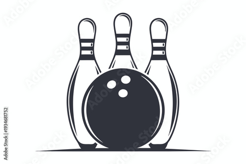 A bowling ball rests in front of three bowling pins in a monochrome vector