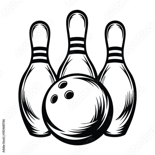 Simple monochrome shows three bowling pins behind a bowling ball ready to be played