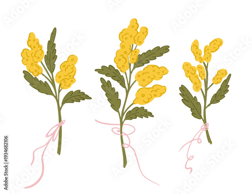 Tableau sur toile Hand Drawn Yellow Wildflower Bouquets Tied with Ribbon, Delicate Botanical Sprin