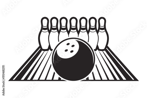 Several bowling pins stand beside a glossy bowling ball in a monochrome representation