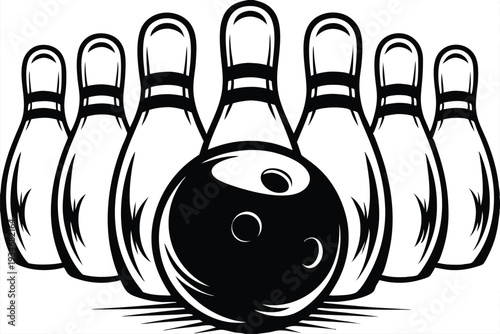 A black bowling ball sits in front of several bowling pins in monochrome