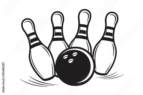 A bowling ball is positioned directly in front of the arranged bowling pins in black and white