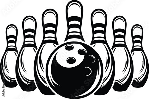 A black bowling ball sits in front of several bowling pins in monochrome