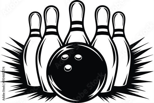 A black bowling ball sits in front of several bowling pins in monochrome