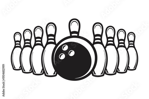 A striped bowling lane with pins and a bowling ball is displayed