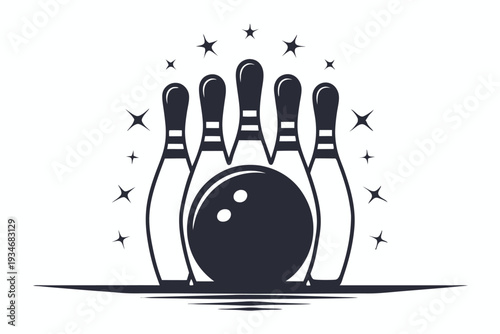 A black bowling ball sits in front of several bowling pins in monochrome