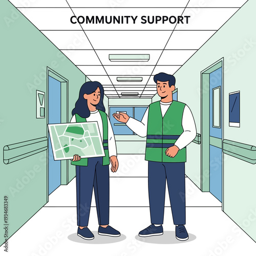 Community Helpers Collaborating In Hospital Corridor, Discussing Patient Care and Navigation
