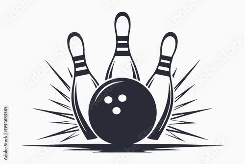 A black bowling ball sits in front of several bowling pins in monochrome