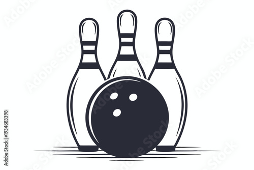 Three bowling pins stand behind a ball with action lines in black and white