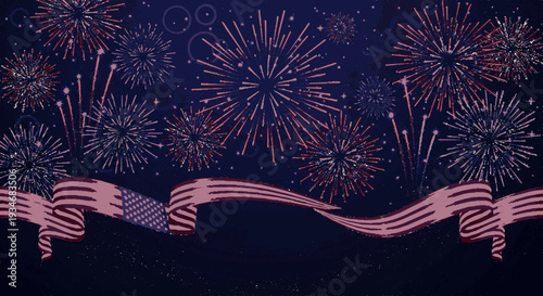 Vibrant pink and purple fireworks exploding in night sky with wavy ribbon banner