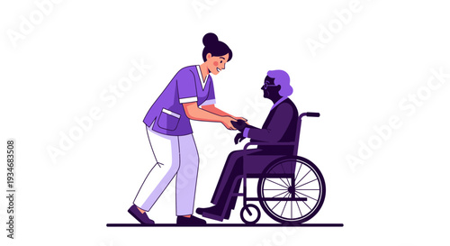 Compassionate Caregiver Assisting Elderly Person In Wheelchair With Supportive Guidance