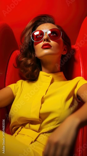 Red light bathes a woman in yellow dress. She wears red heart-shaped sunglasses with bold red lips. Her brown waves frame a confident, upward gaze. She rests against a plush red chair, arms relaxed
