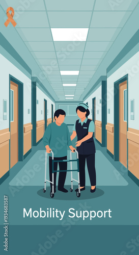 Compassionate Healthcare Professional Assisting Patient Using Walker in Hospital Corridor