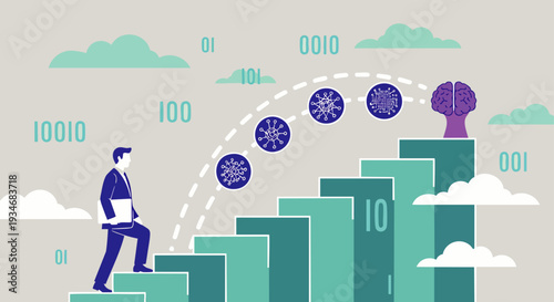 Businessman climbing stairs towards digital brain, representing AI, technology, and career growth