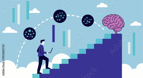 Man climbing stairs with laptop towards brain, symbolizing AI and machine learning progress and innovation