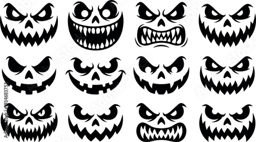 Set of scary Halloween pumpkin faces silhouettes, creepy jack o lantern expressions collection, spooky black vector icons isolated on white background