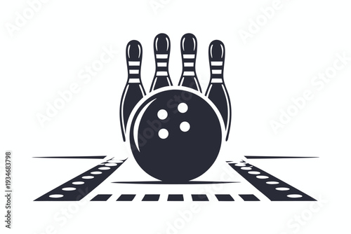 A black bowling ball sits in front of several bowling pins in monochrome