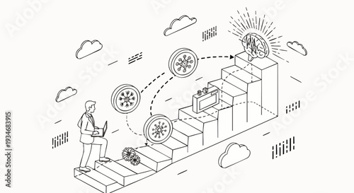 Business growth concept: Businessman climbing stairs with laptop, gears, briefcase, and sun symbol