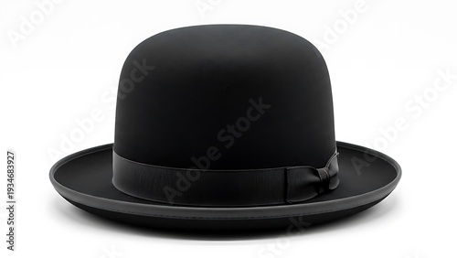 A classic black bowler hat with a distinctive ribbon band displayed against a white background