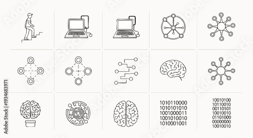 Collection of AI and Technology Icons: Brain, Network, Binary Code, and Data Flow